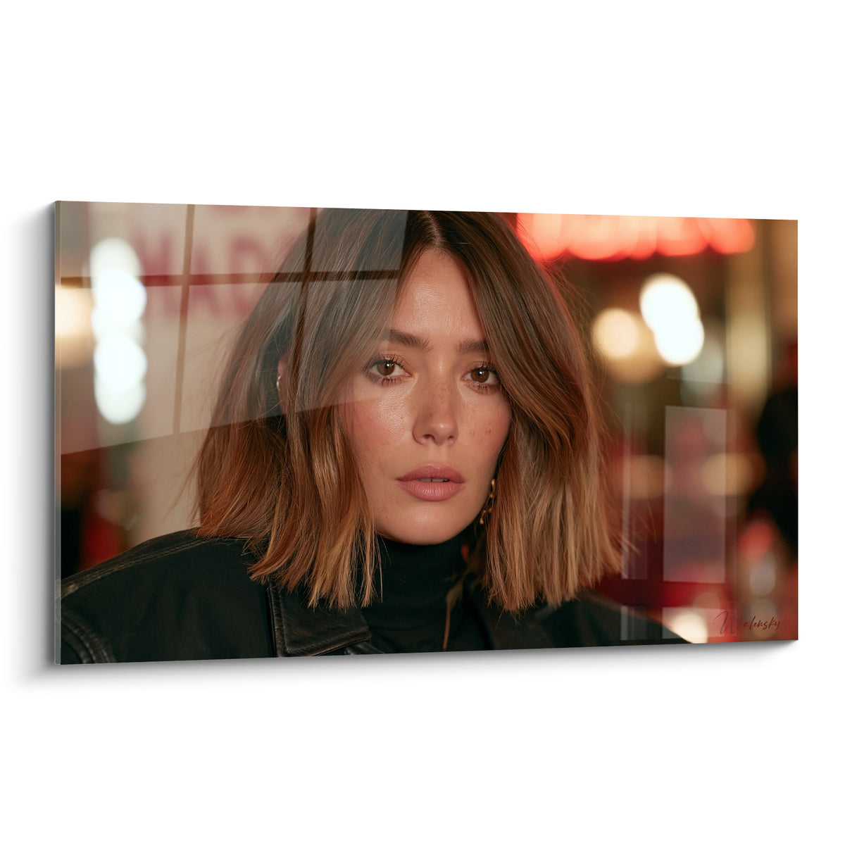 Wall art female portrait with copper chestnut hair, black turtleneck, glowing red urban light in the background