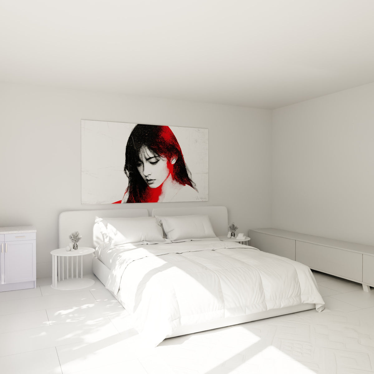 Portrait noir et rouge d'une femme pensive, accroché au-dessus d'un lit dans une chambre claire