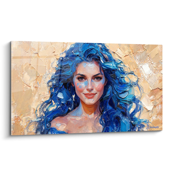 Tableau Portrait femme cheveux bleus texturés dorés - Confiance rayonnante - Edition Coiffure