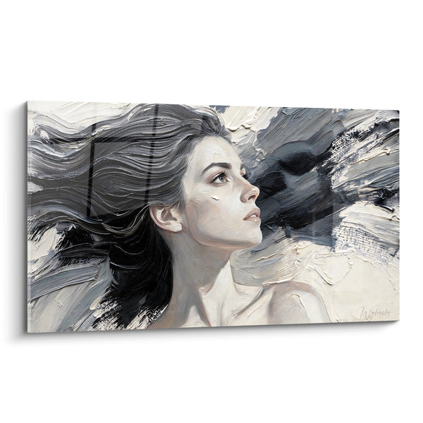 Tableau Portrait féminin aux mèches noires et blanches - Souffle vers le ciel - Edition Coiffure
