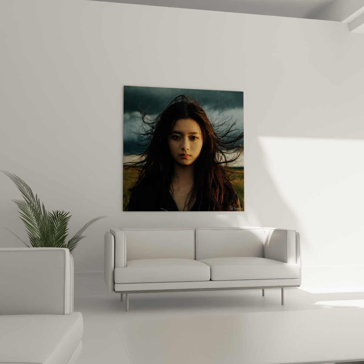 Portrait doré et anthracite d'une jeune femme au-dessus d'un canapé dans un salon lumineux