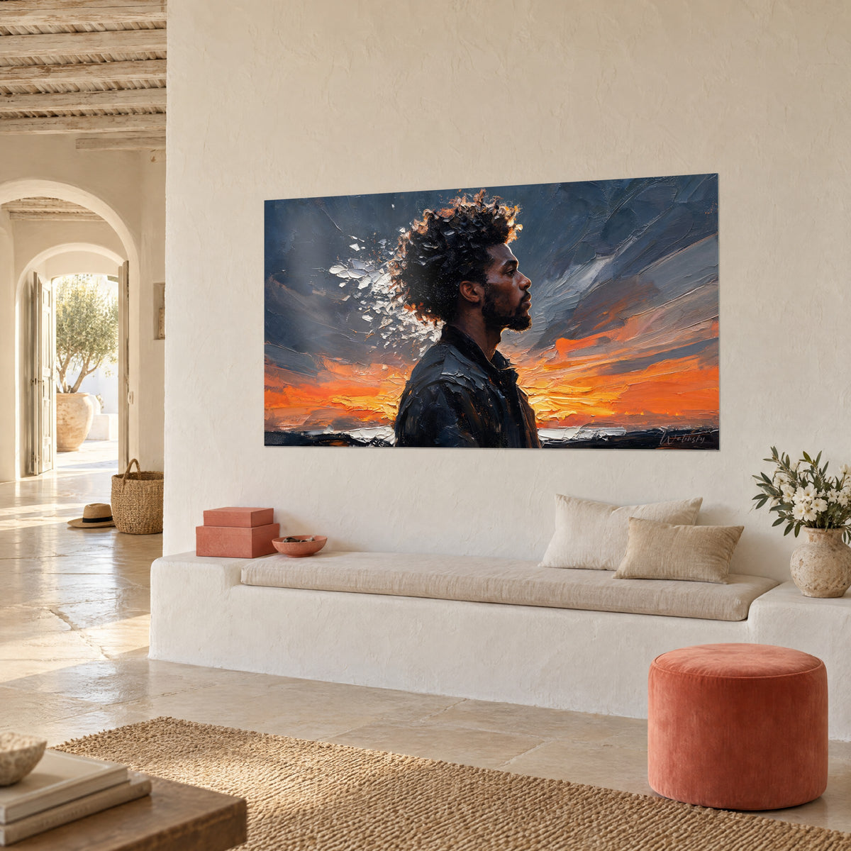 Gemälde einer männlichen Silhouette mit kurzem Bart, weiße Lichtakzente, orangefarbener Sonnenuntergang und schiefergraue Töne, Wand eines mediterranen Hauses