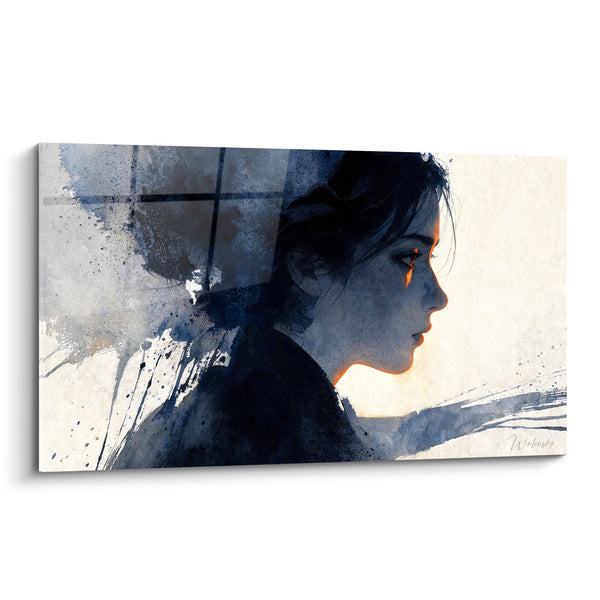 Tableau Femme brune profil bleu marine et orangé - Pensée silencieuse - Edition Coiffure