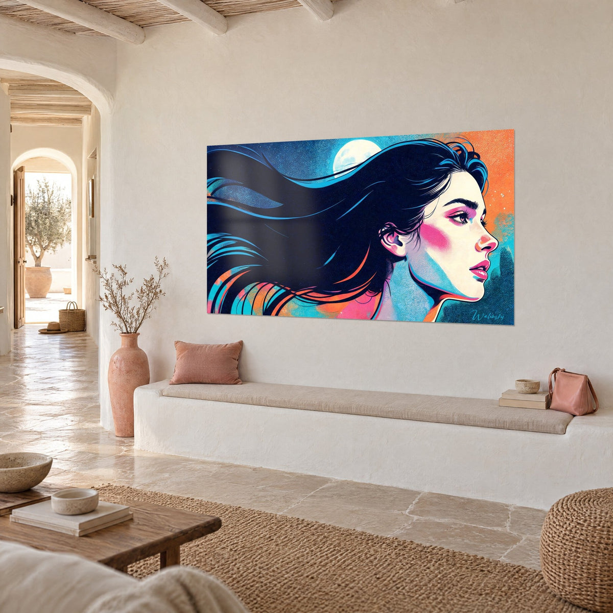 Wall art female face with rosy cheeks and raspberry lips, black strands edged in turquoise, three-quarter view against a white wall of a Mediterranean house