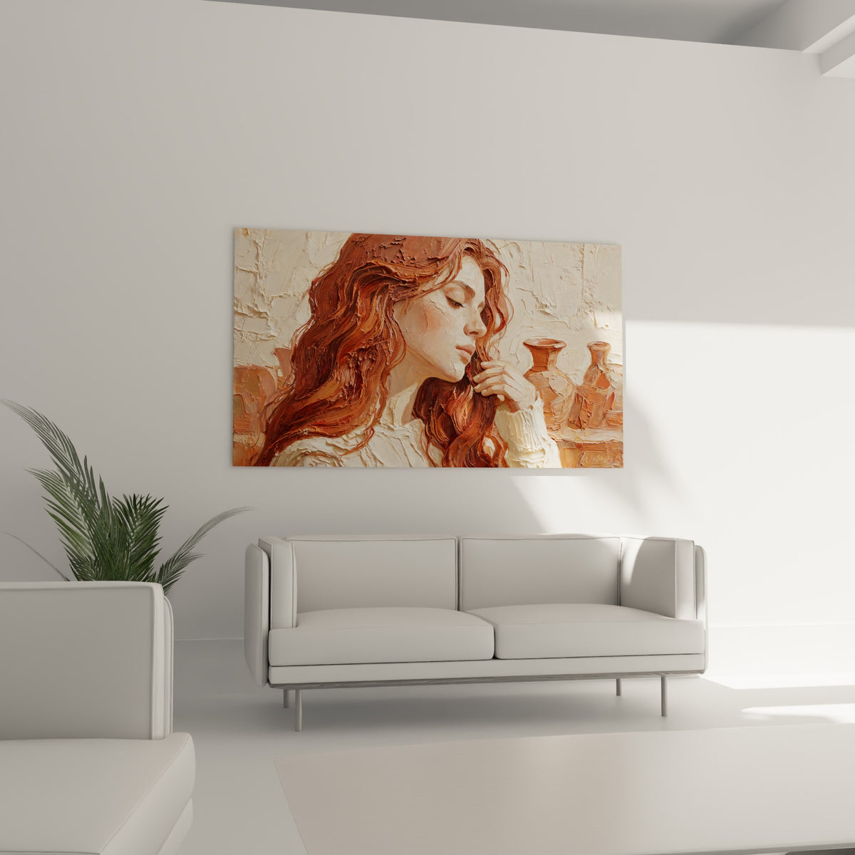 Visage serein aux tons cuivre et beige, chevelure ondulée au-dessus d'un canapé dans un salon lumineux