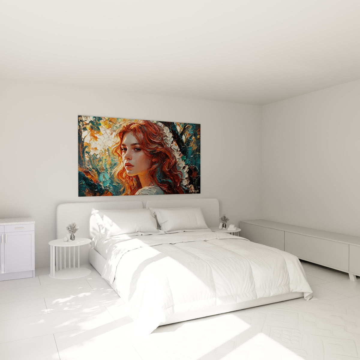 Chevelure rousse flamboyante et fond forestier turquoise, œuvre placée au-dessus d'un lit dans une chambre claire