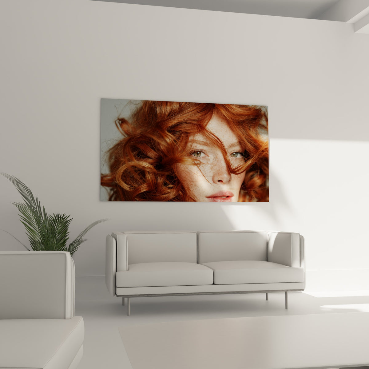 Portrait aux boucles cuivrées et peau porcelaine placé au-dessus d'un canapé dans un salon lumineux