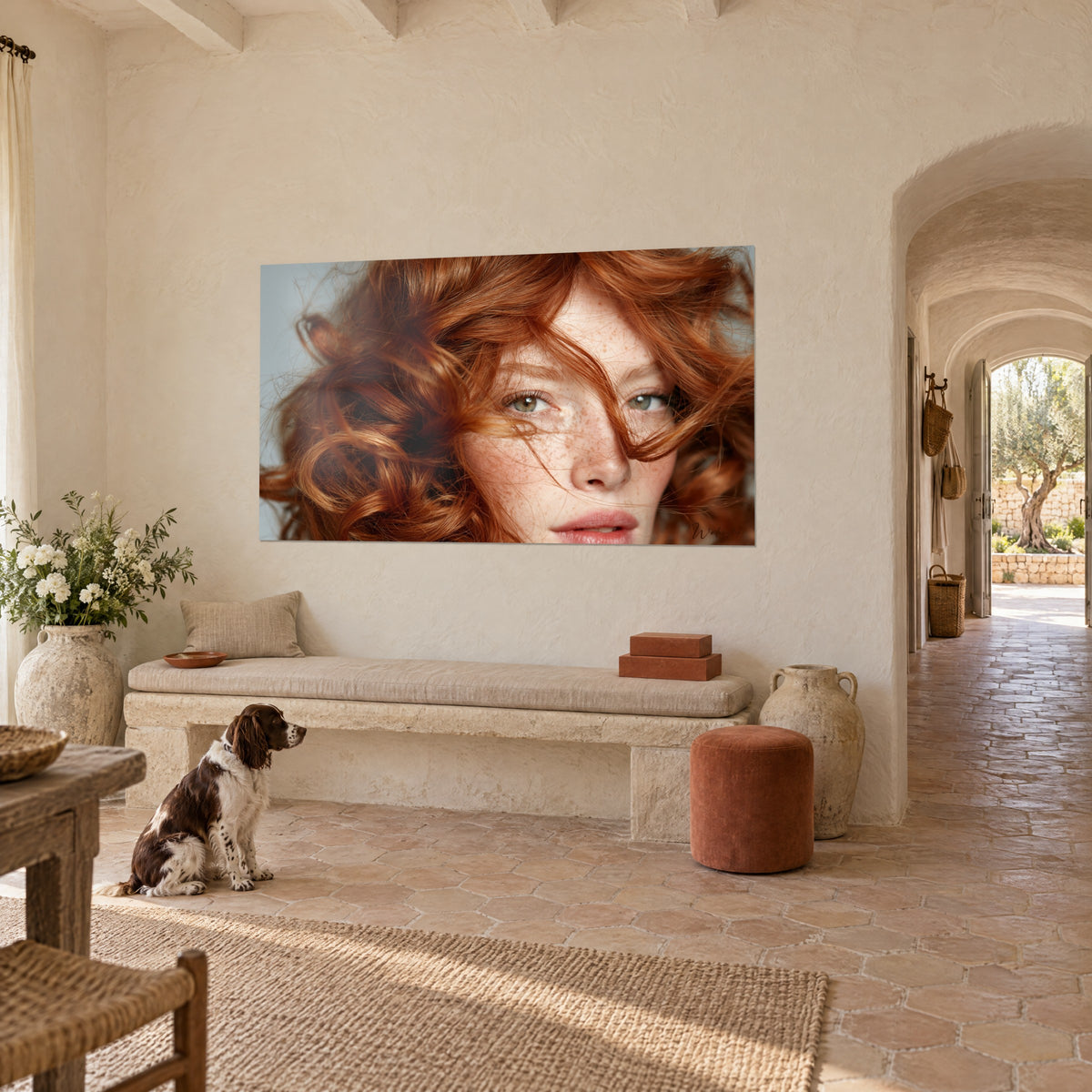 Tableau chevelure bouclée auburn tourbillonnante, yeux verts et peau tachetée, mur crème d'un mas provençal, spaniel assis