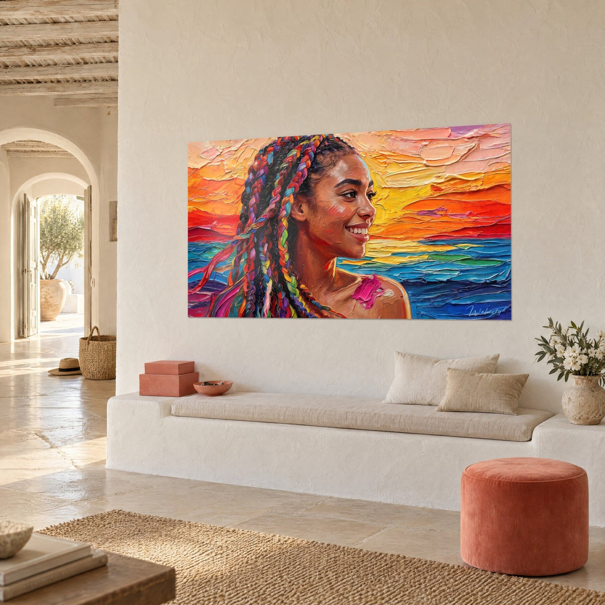 Wall art young woman in profile, red and green braids, yellow and turquoise horizon, white wall, stone bench
