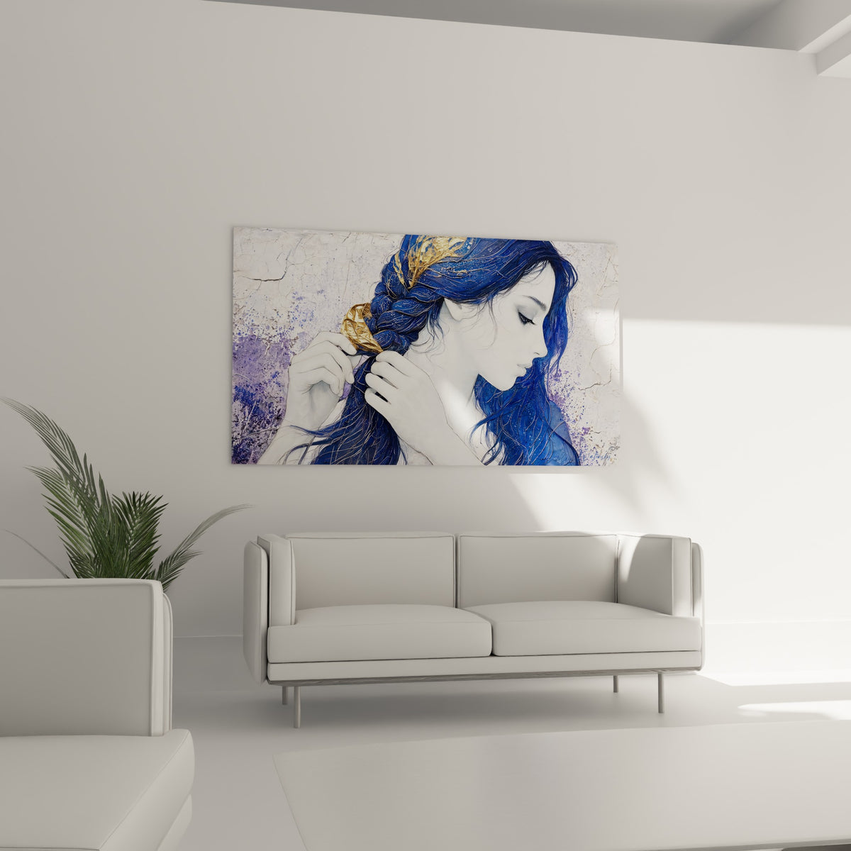 Portrait féminin en bleu marine et or, geste de coiffure soigné, accroché au-dessus d'un canapé dans un salon lumineux