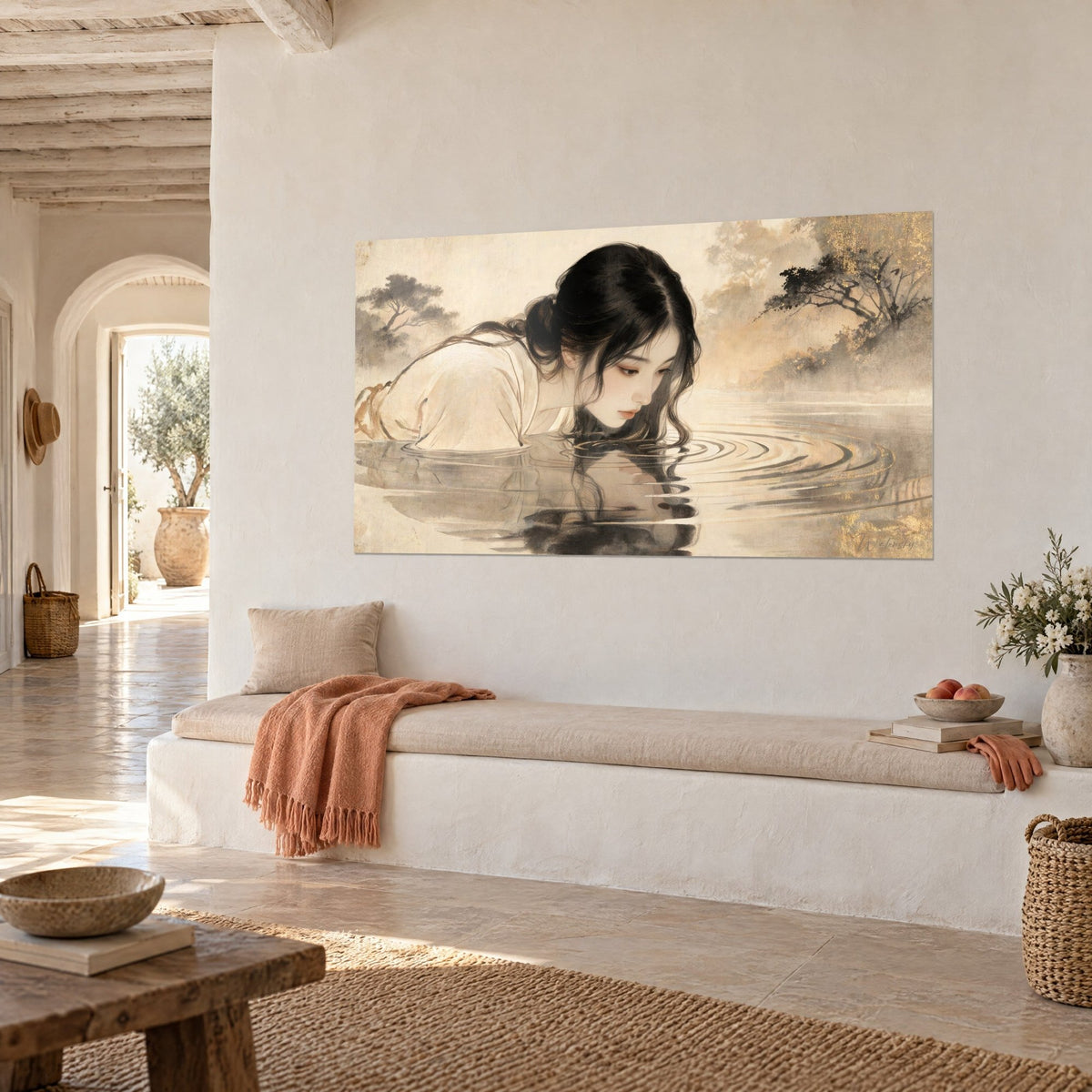Wall art of a silent reflection of dark flowing hair on a beige and golden lake, concentric ripples, whitewashed Mediterranean wall