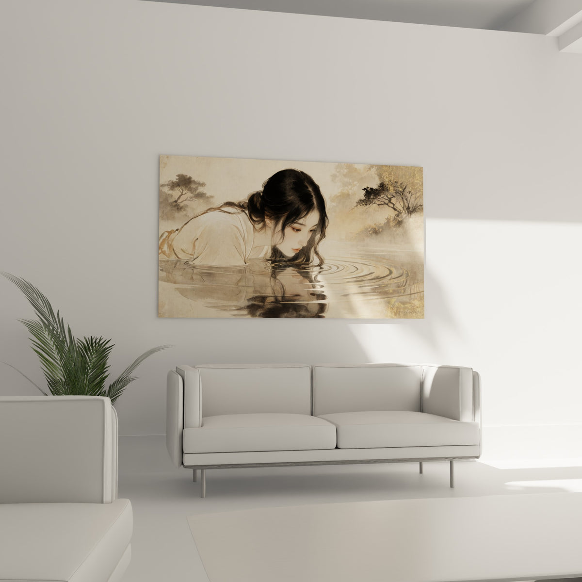 Jeune femme au visage penché sur une eau anthracite et ocre, au-dessus d'un canapé dans un salon lumineux