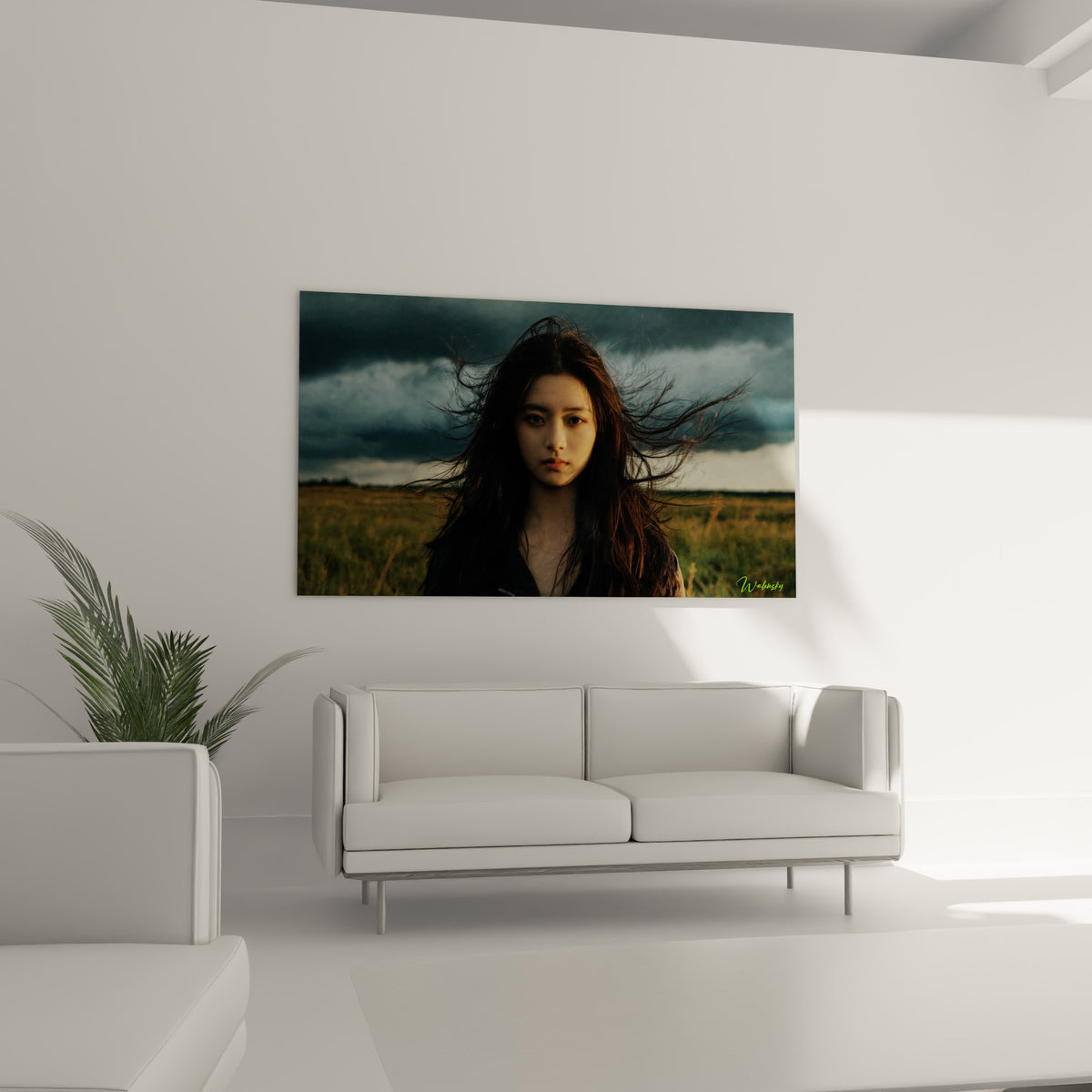 Regard intense d'une femme cheveux noirs devant un ciel bleu-gris orageux, au-dessus d'un canapé dans un salon lumineux