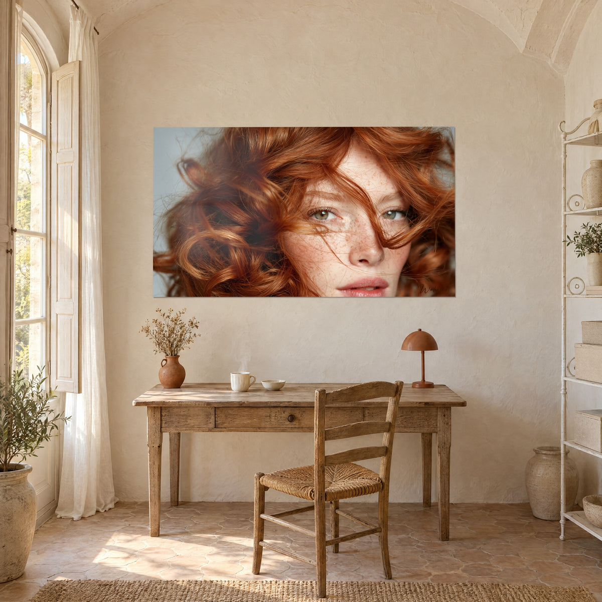 Tableau beauté aux tourbillons de cheveux orangés, taches de rousseur sur fond gris bleu, bureau en bois clair d'un mas provençal