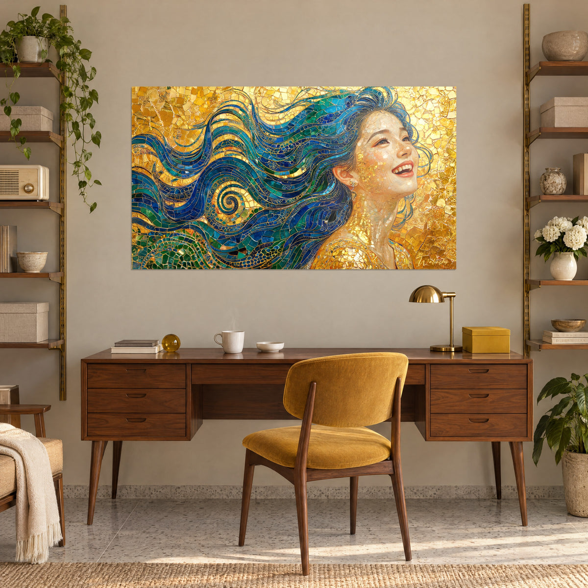 Tableau coiffure flottante en spirales bleu marine et vert sapin, éclats dorés, trônant au-dessus d'un bureau en bois et d'un fauteuil moutarde