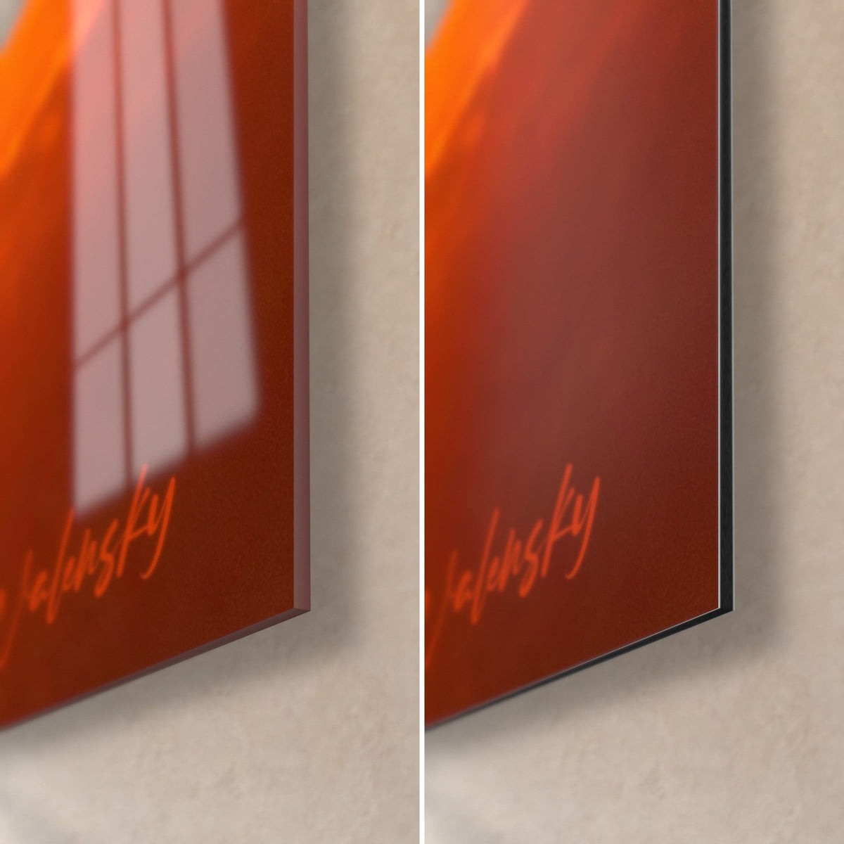 Wall art afro silhouette, bottom right corner: glossy glass with window reflections, matte black Dibond, orange signature, 3 mm edge