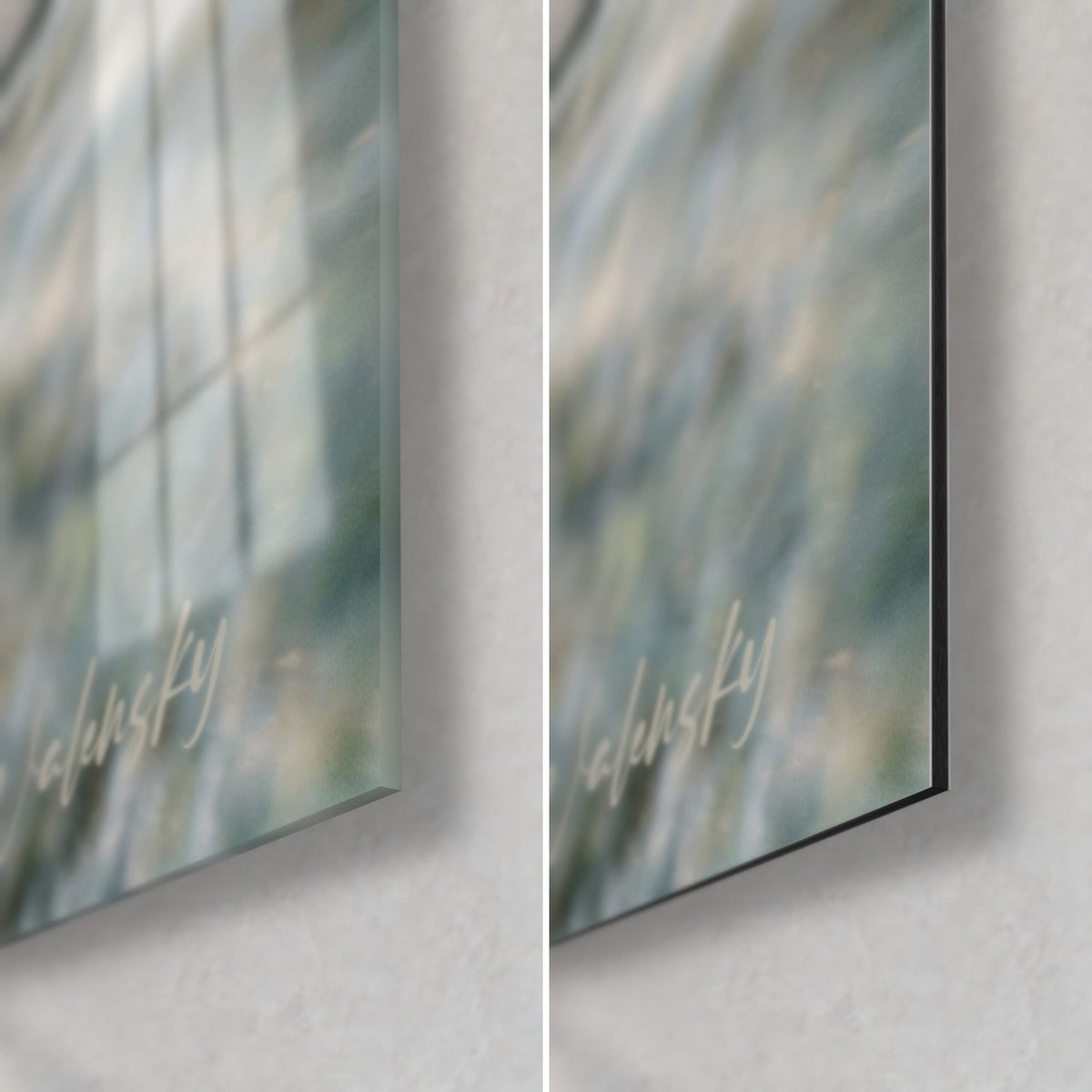 Wall art of a brunette laughing in the wind, bottom right corner: glossy reflective glass and matte black Dibond aluminium, 3 mm edge, sage green and grey tones