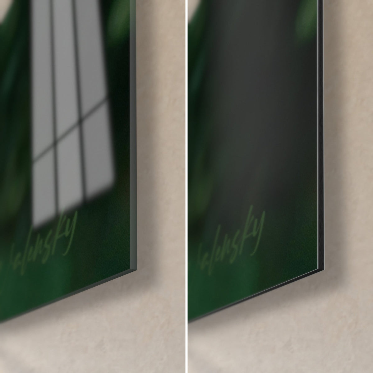 Gemälde Porträt einer Brünetten im Wald, untere rechte Ecke: glänzendes Acrylglas links, mattes schwarz-grünes Alu-Dibond rechts, 3 mm Kante