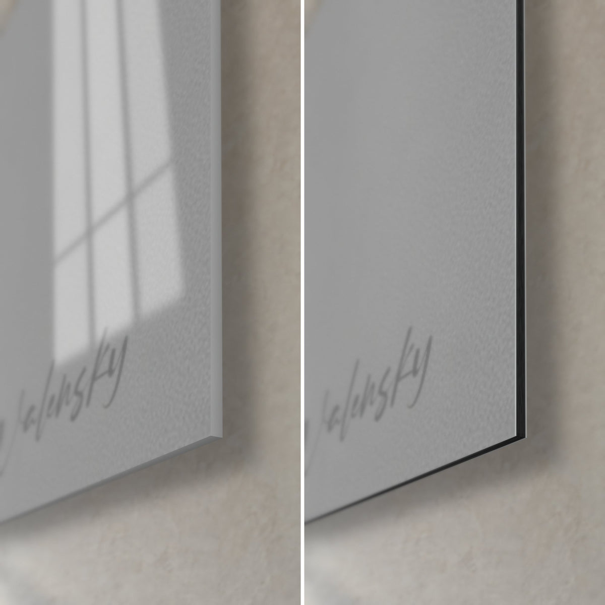 Wall art bearded man in black and white, bottom right corner: glossy acrylic glass on the left, matte grey Dibond on the right, 3 mm edge