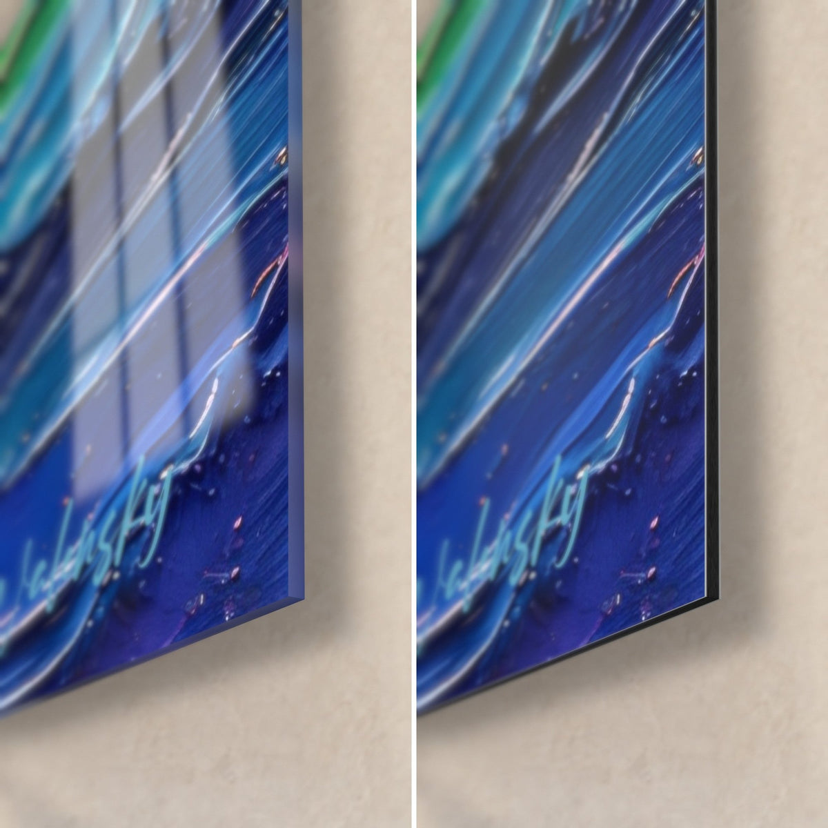 Wall art woman with multicolored braids, bottom right corner: glossy glass and reflections on the left, matte Dibond on the right, deep blue