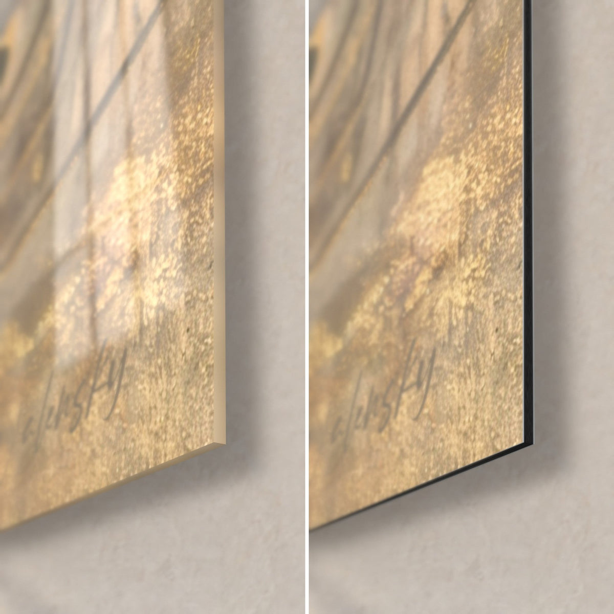Wall art of a woman's portrait in black and gold wash, bottom right corner: glossy acrylic glass on the left, matte black Dibond on the right