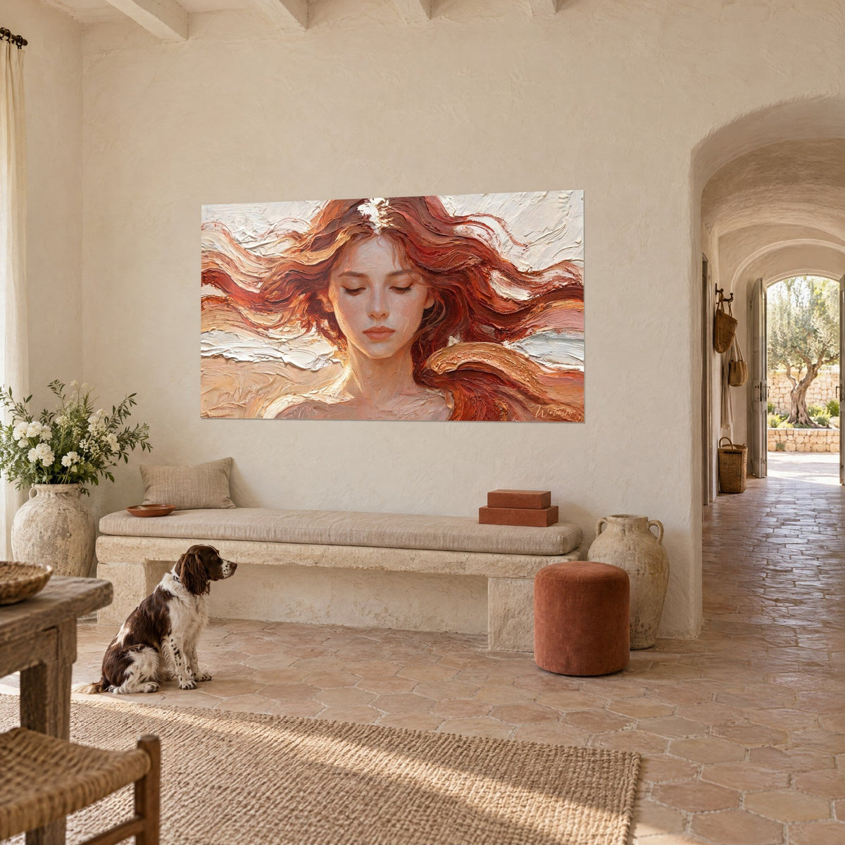 Wall art palette-knife portrait, flowing rust and ochre hair on an ivory background, wall of a Provençal farmhouse, spaniel on the floor