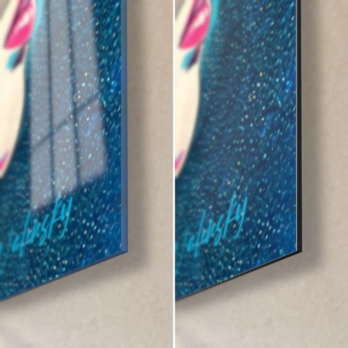 Wall art young woman with black hair, bottom right corner: glossy acrylic glass with reflections on the left, matte Dibond aluminum on the right, 3 mm edge