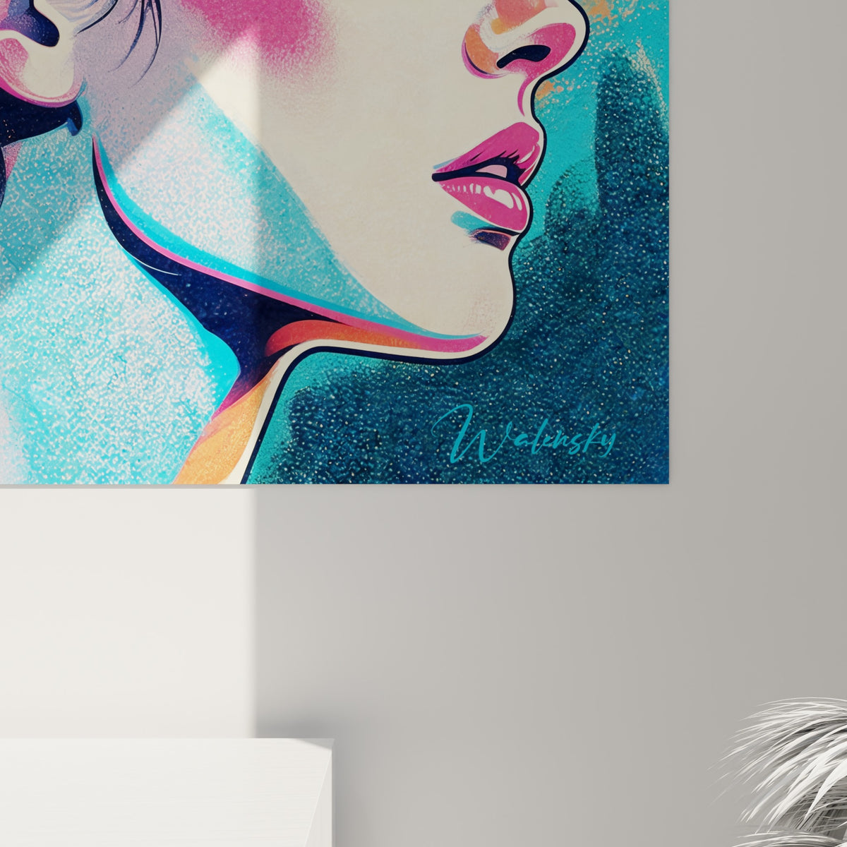 Grain et empâtements de la chevelure noire, touches turquoise et rose se mêlant sur la toile accrochée