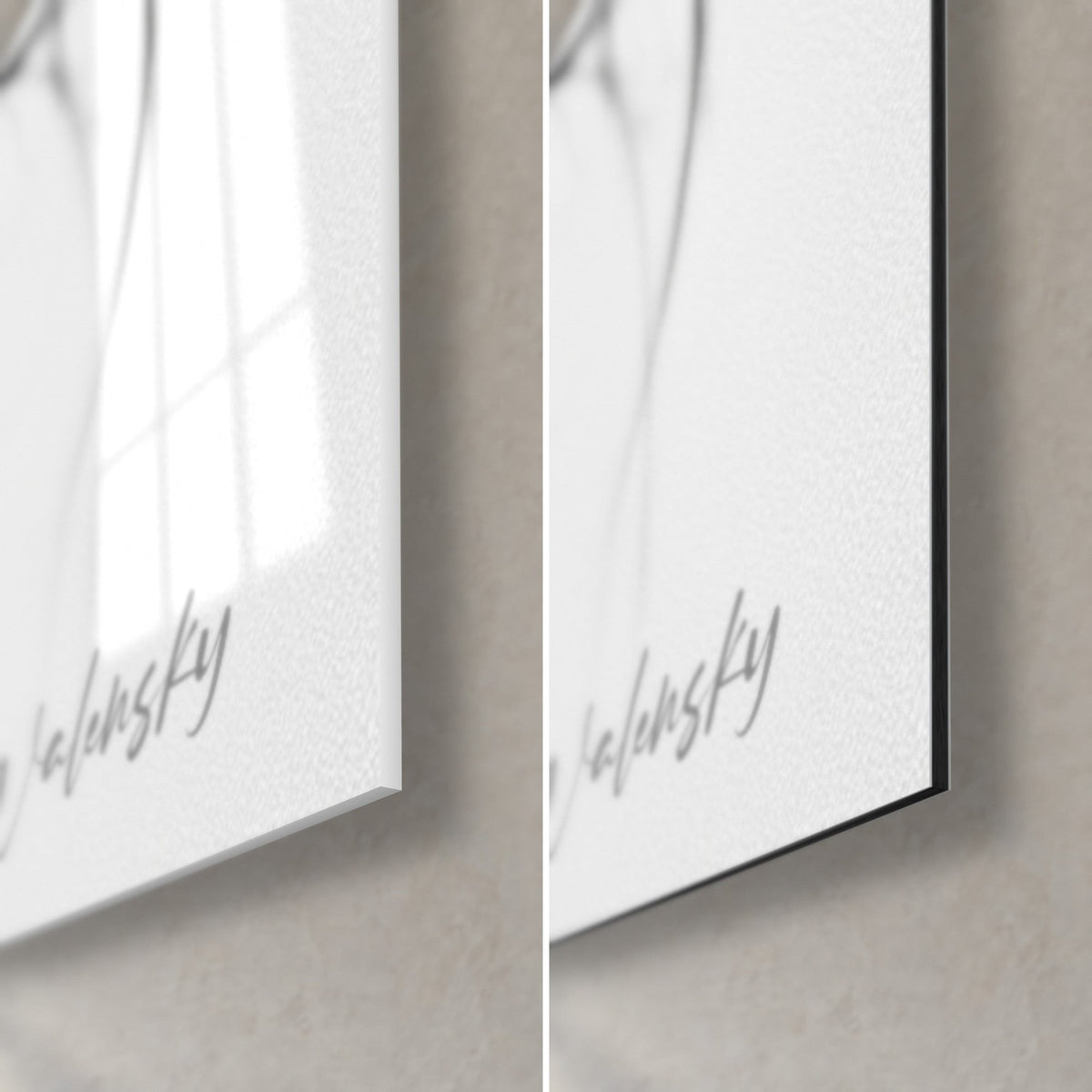 Wall art billowing hair, bottom right corner: glossy acrylic glass with reflections and matte white Dibond, 3 mm black edge