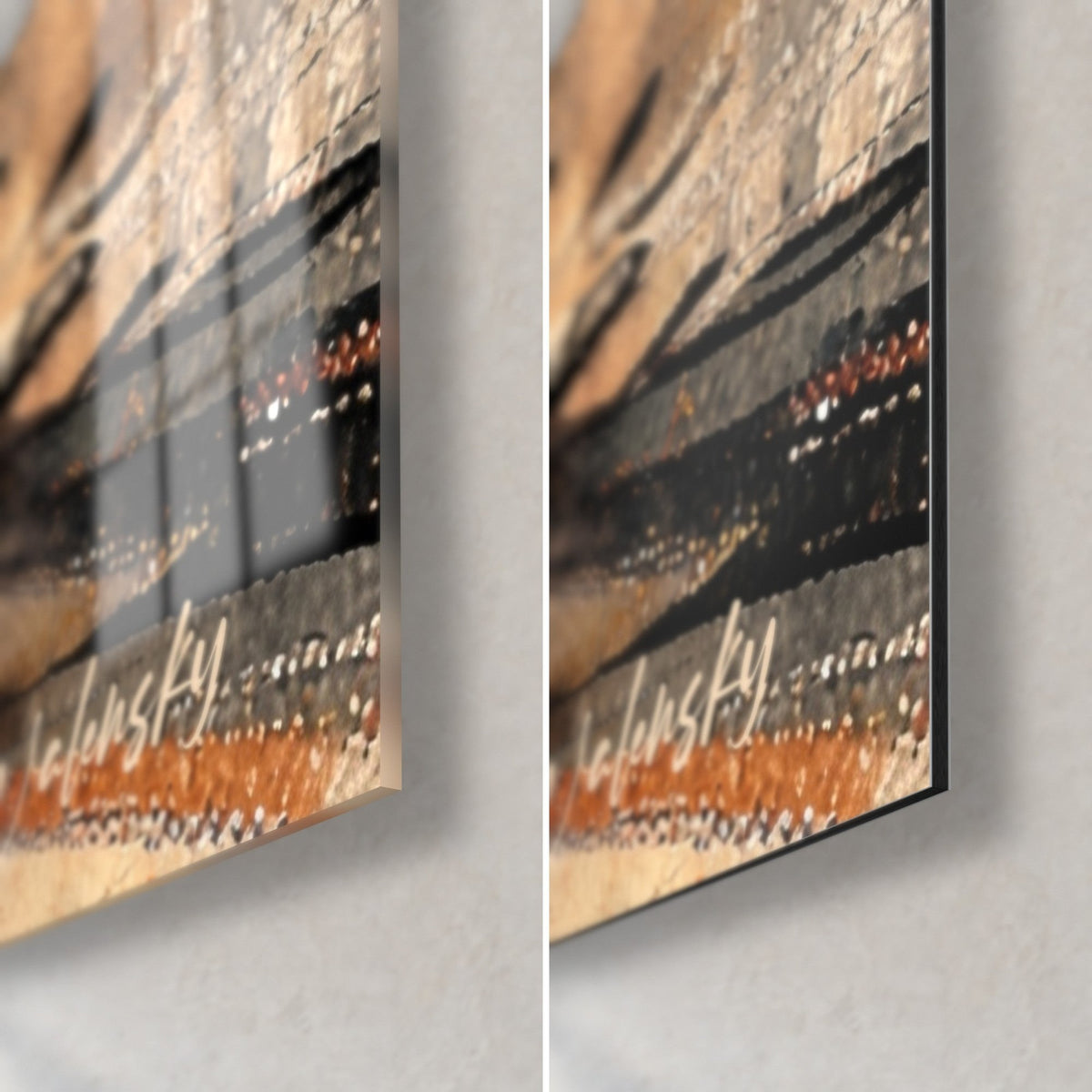 Wall art red braid on the beach, black and orange ink splashes, bottom right corner in glossy glass and matte Dibond
