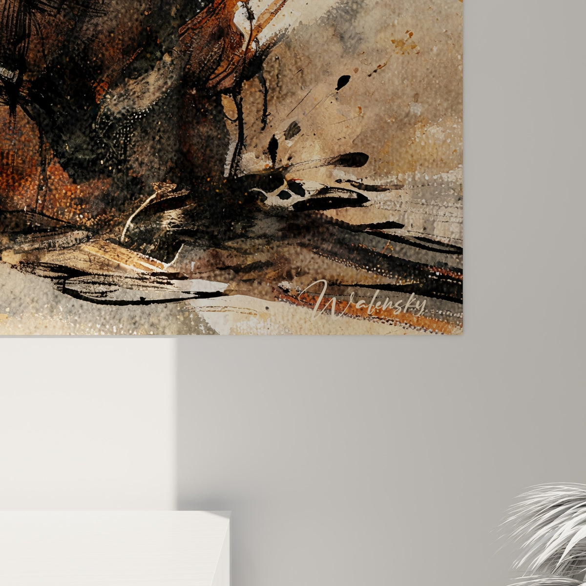 Détail des empâtements ocre et noirs révélant la matière aquarelle de la tresse et du visage