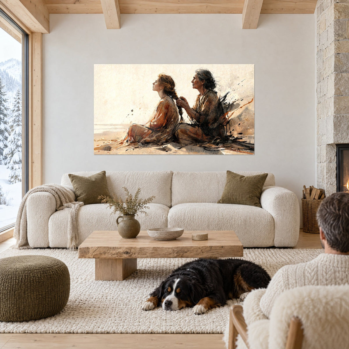 Wall art two women seated on the sand, red braid, ochre and brown dresses, black dog lying down, living room sofa