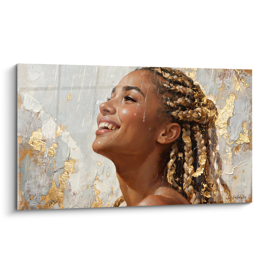 Tableau Femme aux tresses dorées sous la pluie - Rire sous la pluie - Edition Coiffure