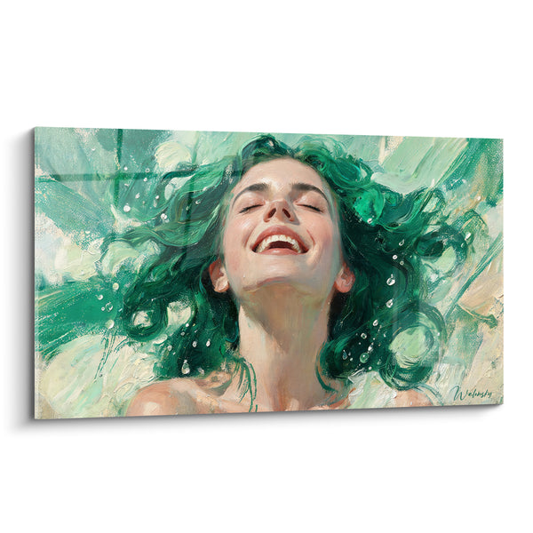 Tableau Femme aux cheveux verts et gouttes d'eau - Éclaboussure de joie - Edition Coiffure