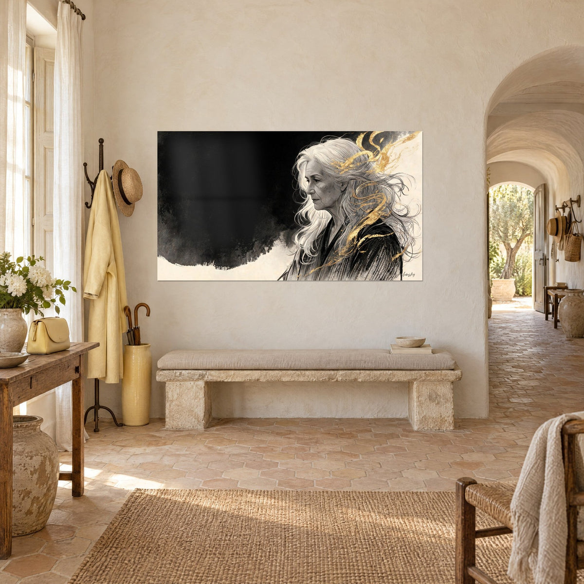 Wall art pensive old lady with wavy white strands, golden scrolls on a background of black ink and cream, whitewashed farmhouse wall, stone bench