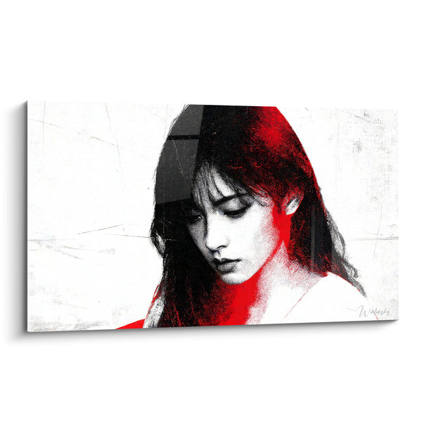 Tableau Portrait femme cheveux noirs mèche rouge - Silence intérieur - Edition Coiffure