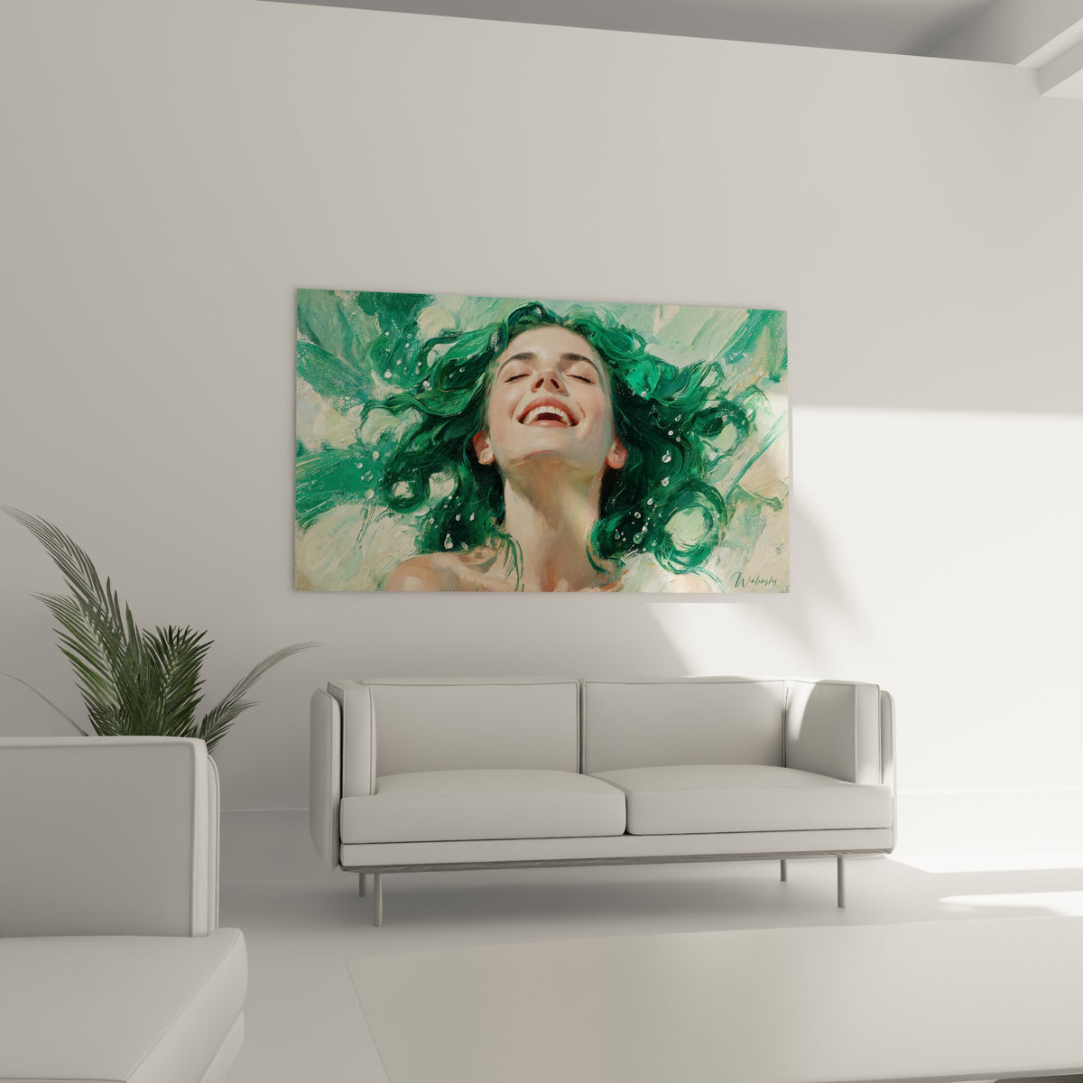 Visage rieur aux cheveux verts et gouttes peintes, tableau coiffure au-dessus d'un canapé dans un salon lumineux