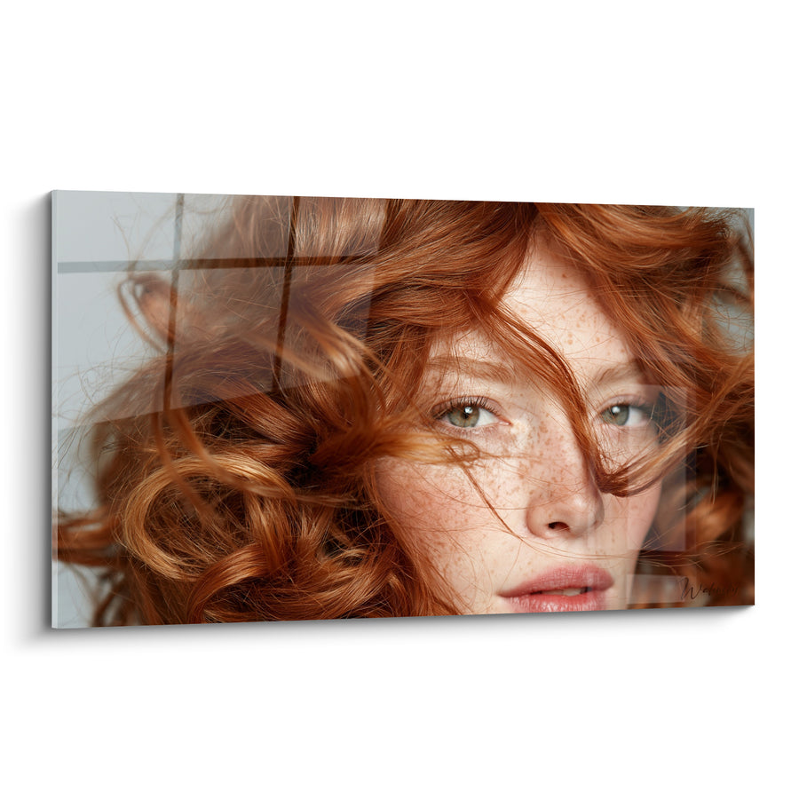 Tableau Visage roux aux taches de rousseur mèches emmêlées - Regard vert intense - Edition Coiffure