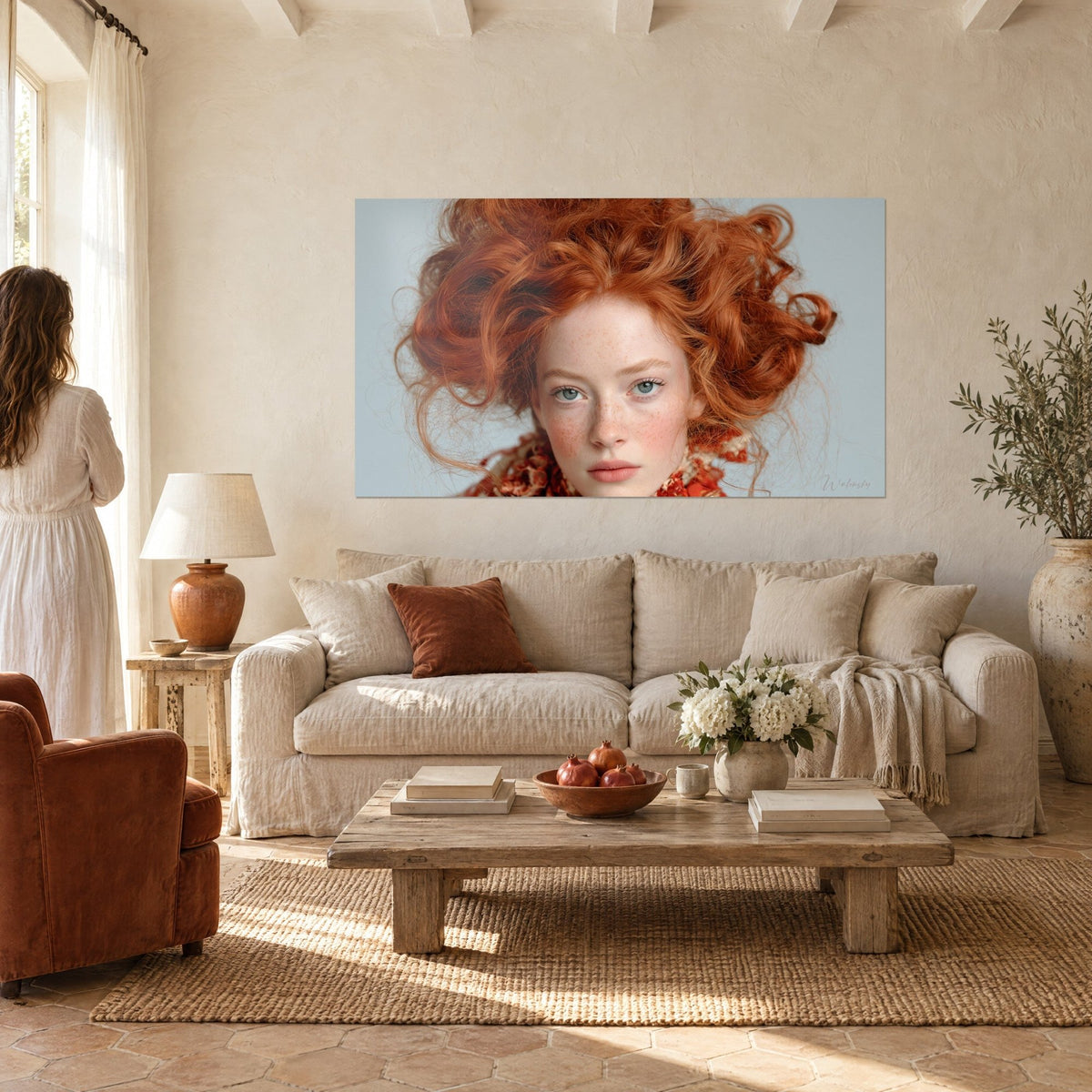 Wall art young redhead with freckles, copper curls and red scarf on blue background, above a sofa in a bright living room
