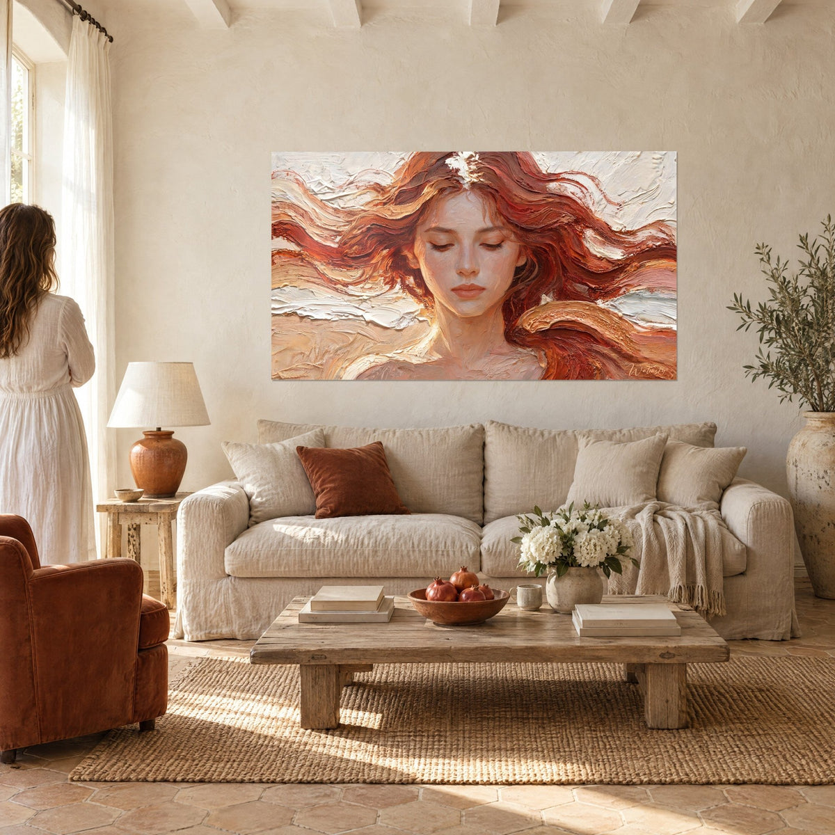 Wall art portrait of a young redhead with eyes closed, copper strands and cream white in thick impasto, above a sofa in a bright living room