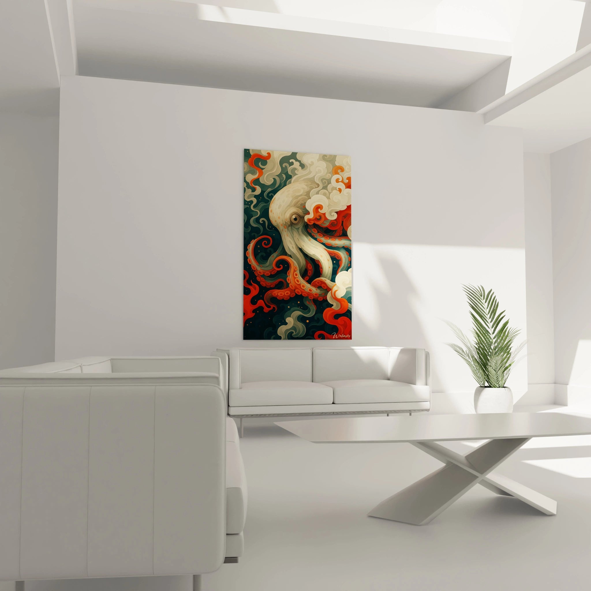 Un tableau pieuvre artistique montrant un poulpe en mouvement avec des tentacules oranges décorées de ventouses circulaires. Fond marin bleu-vert profond traversé de nuages d'écume stylisés blancs. Contraste saisissant entre surfaces lisses et textures détaillées.
