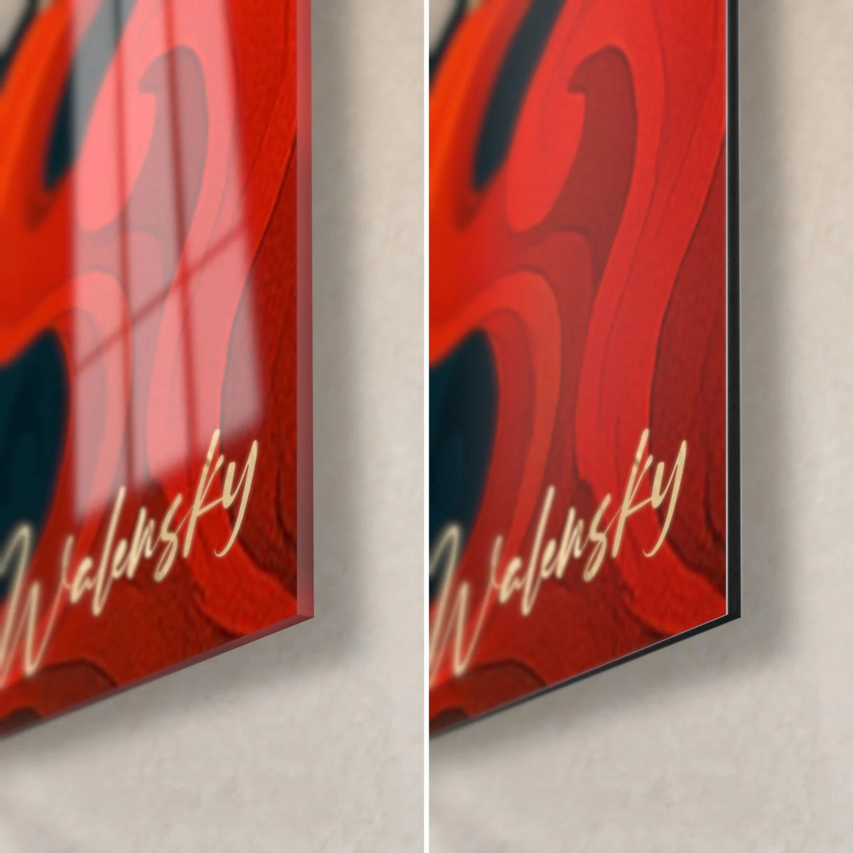 Quadro polpo con ventose arancio, firma Walensky in basso a destra su fondo rosso, vetro lucido e Dibond opaco con bordo da 3 mm