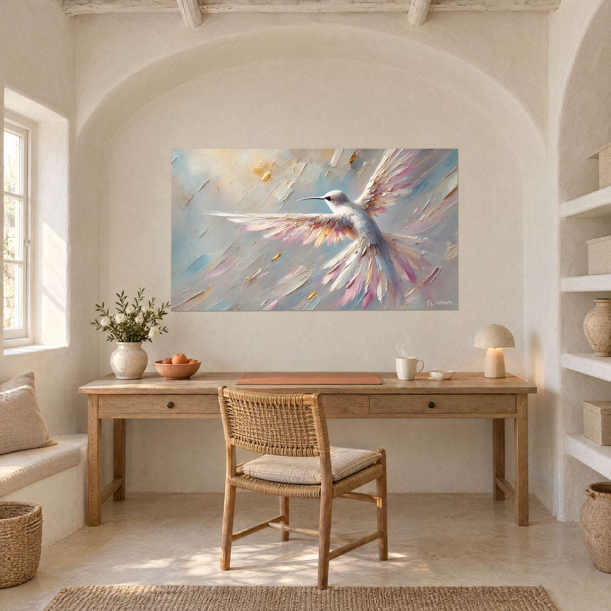 Wall art long-beaked bird, white plumage shaded with pink and gold, pastel blue background, above a light wood desk