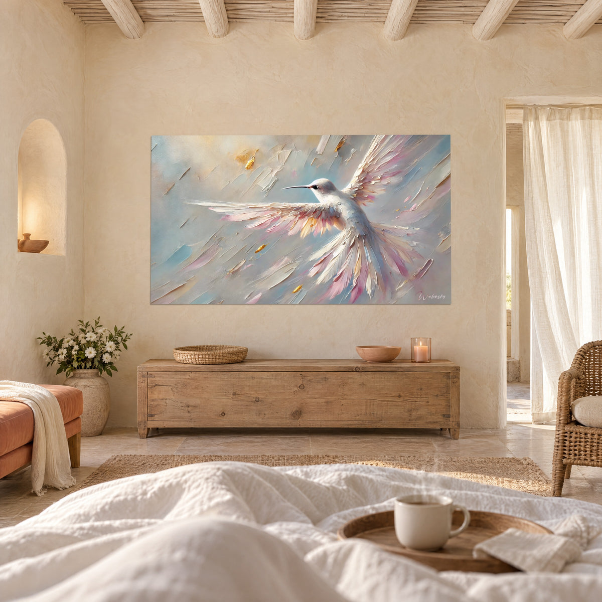 Wall art small pearly bird with outstretched wings, thick pink and gold impasto on glacier blue, above a bed in a light bedroom