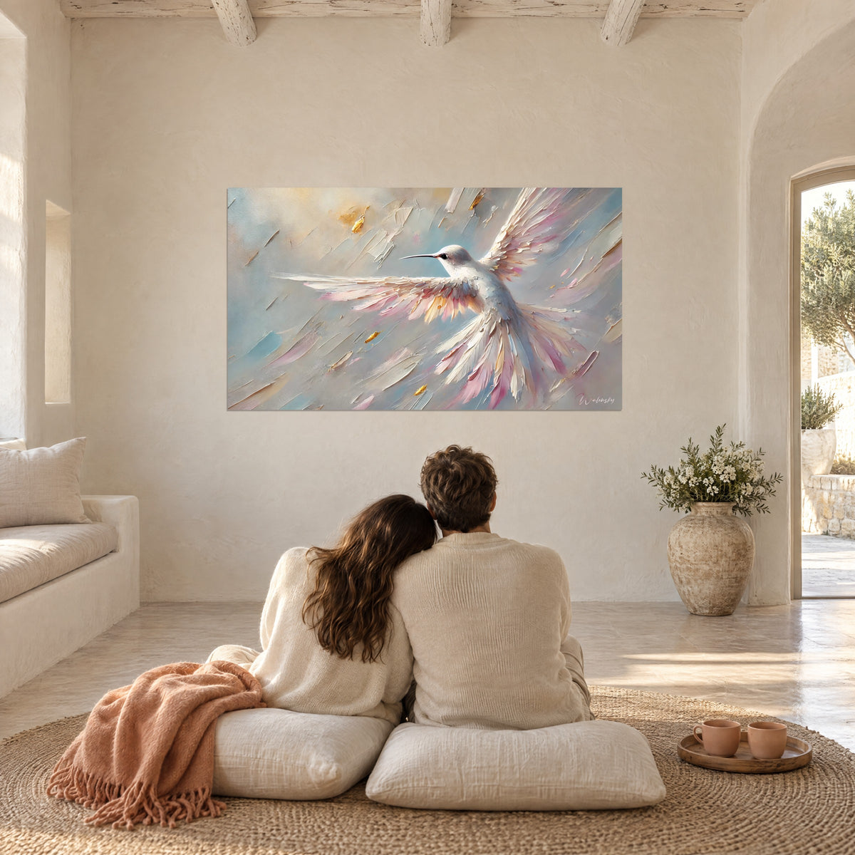 Wall art hummingbird in a white coat with pink and golden wings, soft blue palette-knife painting, cream wall of a white house