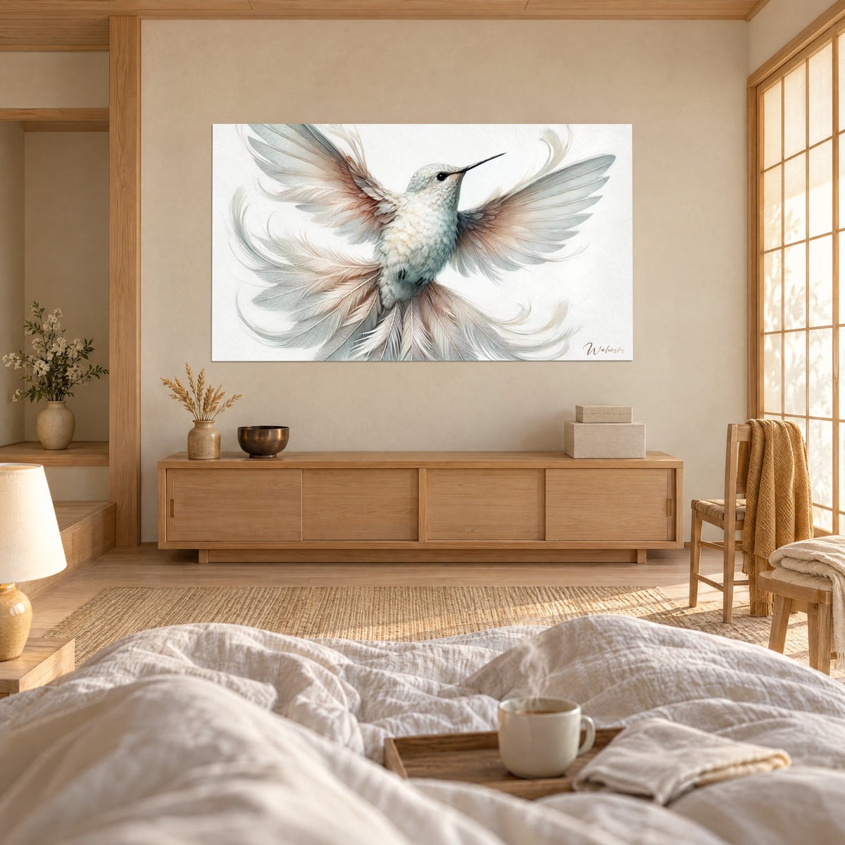 Tableau petit oiseau aux plumes effilées, ailes ouvertes en ivoire et vieux rose, au-dessus d'un lit dans une chambre claire