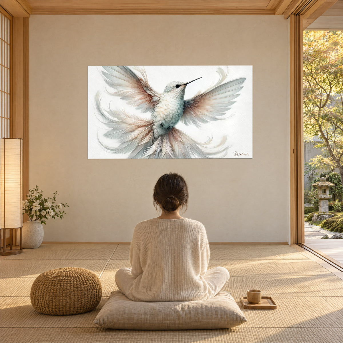 Tableau colibri dessiné à la plume, fond blanc crème, ailes sable et turquoise pâle, une femme de dos assise sur un coussin