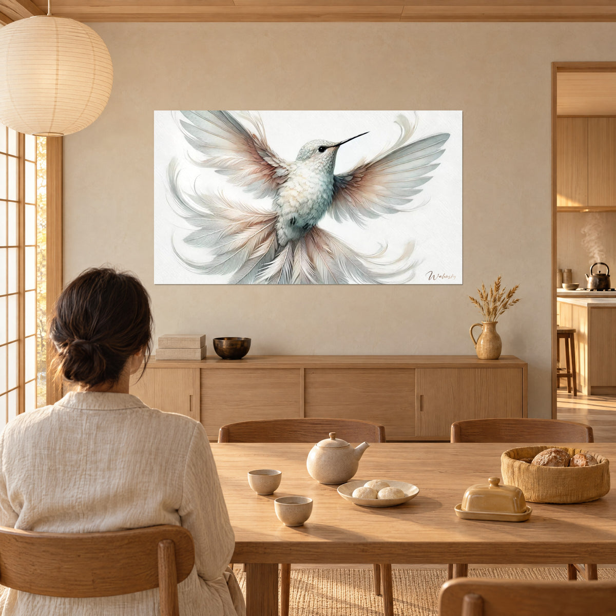 Tableau colibri en plein envol, queue en éventail gris perle et corail pâle, face à une table en bois clair, deux personnes de dos