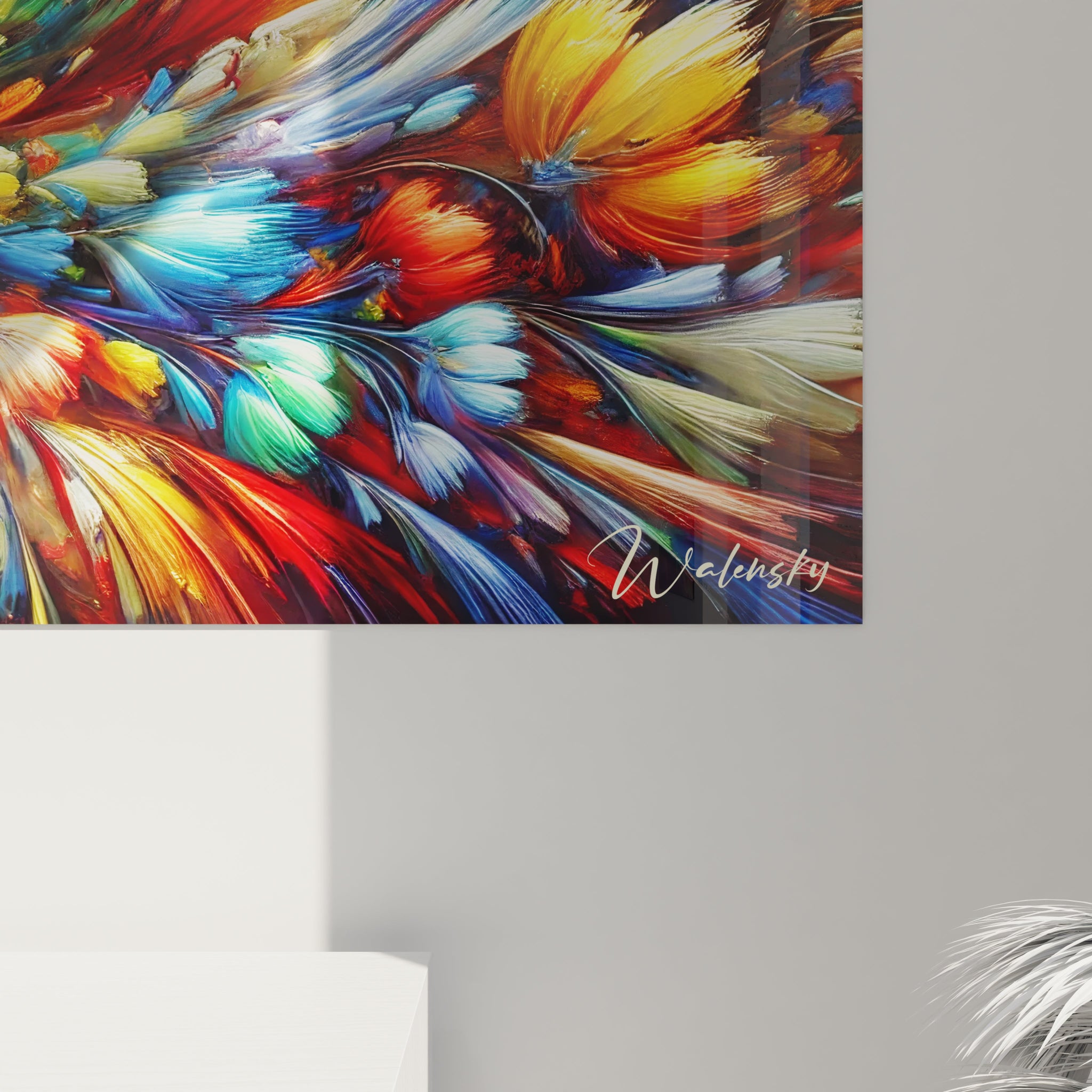 vue rapprochee du tableau colibri details realistes des plumes nuances lumineuses de bleu rouge jaune tourbillon floral abstrait qui evoque grace et magie du mouvement tropical

