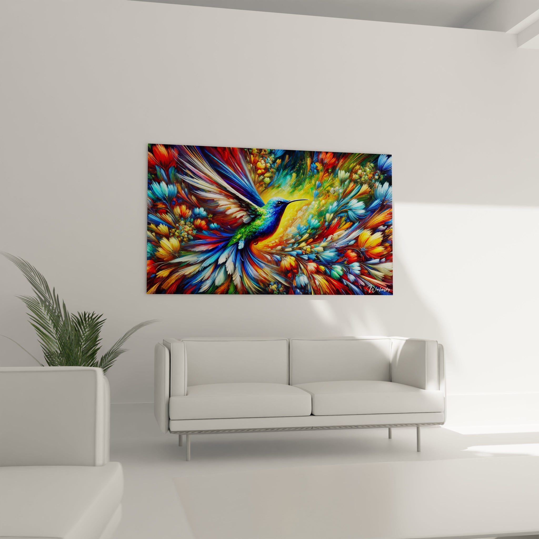 tableau colibri au-dessus du canapé dans un salon lumineux eclats de bleu rouge et jaune dans un decor tropical avec energie pure realisme vibrant et charme hypnotisant qui attire les regards

